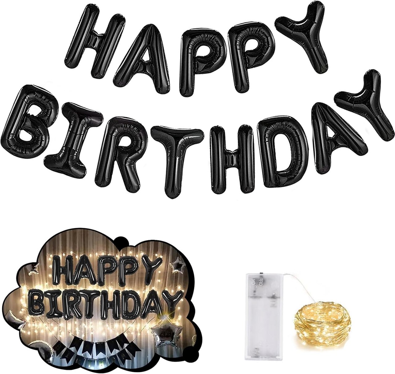 Happy Birthday Banner 13pcs 16 Inch Mylar Foil Letters Sign Balloons with LED Lights Birthday Party Decorations for Kids and Adults - 3D Black